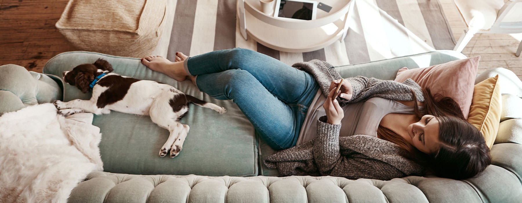 overhead view of woman laying on a couch, texting, with her dog beside her